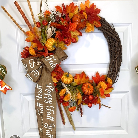 Fall Wreath For Front Door Leaves Pumpkins Home Decor‎ Autumn Farmhouse Rustic - Picture 1 of 7